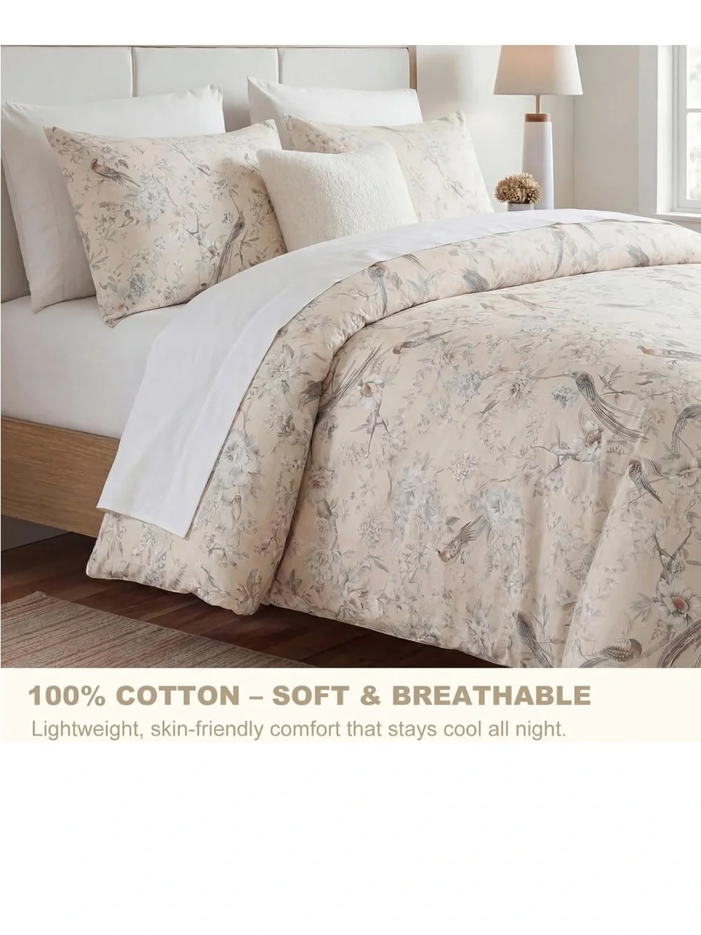 Bedding_Dreamer King Duvet Cover Set, 3-Piece 100% Cotton Twill Bird and Floral